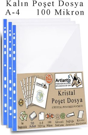 Poşet Dosya A4 Kristal 50 Adet Kalın Poşet Dosya Föy Mavi Şeritli 100 Mikron Şeffaf Belge Arşivleme Büro Ofis Okul