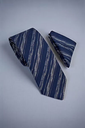 Çizgili Lacivert Kravat & Mendil
