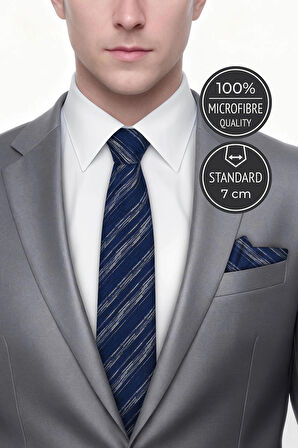 Çizgili Lacivert Kravat & Mendil