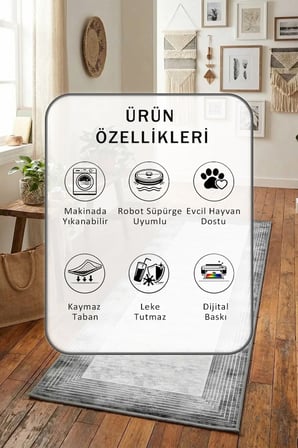 Gri Yıkanabilir Kaymaz Taban Dijital Baskılı Yolluk Halı Gri