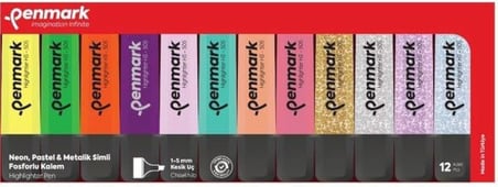 Fosforlu Kalem 12'li Karışık Renk 4 Neon ve 4 Pastel ve 4 Simli