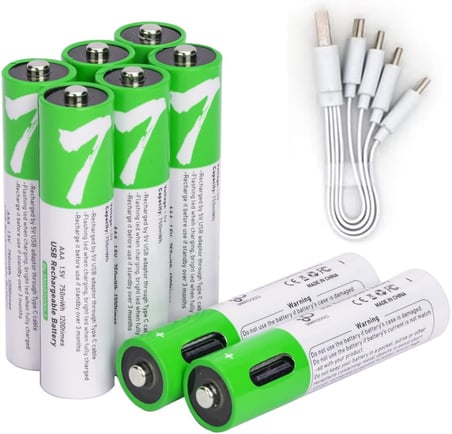 USB AAA Lityum iyon Şarj Edilebilir Pil, 1.5V 750mWh Şarj Edilebilir AAA Pil, 1 H Hızlı Şarj, C Tipi Bağlantı Noktası Kablosu ile 1200 Döngü, Sabit Çıkış, 8'li Paket
