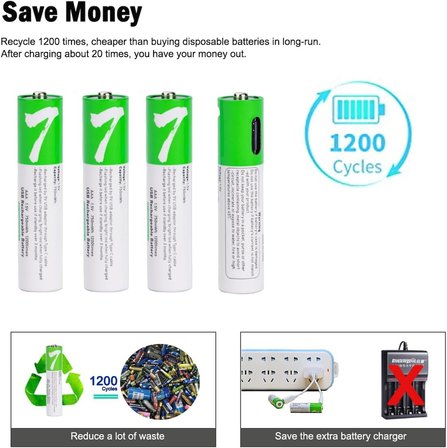 USB AAA Lityum iyon Şarj Edilebilir Pil, 1.5V 750mWh Şarj Edilebilir AAA Pil, 1 H Hızlı Şarj, C Tipi Bağlantı Noktası Kablosu ile 1200 Döngü, Sabit Çıkış, 8'li Paket