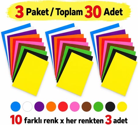 30 Adet A4 Renkli Elişi Kağıdı – 10 Farklı Canlı Renk, Her Renkten 3 Adet – 21 x 29,7 cm 80 gr – Kesme, Katlama, Hobi, Okul ve Sanat Etkinlikleri İçin