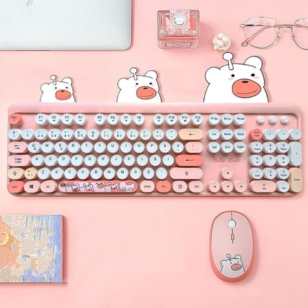 Mofii Ayıcık Desenli Kablosuz Renkli Yuvarlak Tuşlu Klavye Mouse Set-AL4258 (Pembe)