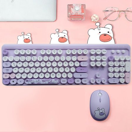 Mofii Ayıcık Desenli Kablosuz Renkli Yuvarlak Tuşlu Klavye Mouse Set-AL4258 (Pembe)