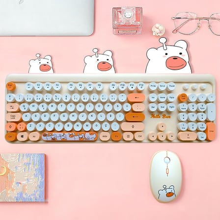 Mofii Ayıcık Desenli Kablosuz Renkli Yuvarlak Tuşlu Klavye Mouse Set-AL4258 (Pembe)