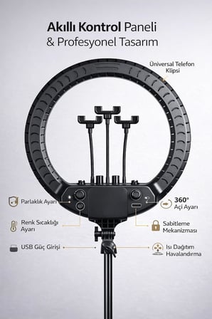 21 İnç (54 CM) Profesyonel Ring Light – 210 CM Ayarlanabilir Tripodlu, 3’lü Telefon Tutuculu, 3 Işık Modlu, Parlaklık Ayarlı, USB Güç Girişli Stüdyo &amp; Canlı Yayın Işığı