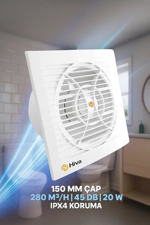 Hiva Banyo ve Tuvalet Aspiratörü, 280 M³/H Debi, 45 Db Sessiz, 20 W Enerji, IPX4 Su Sıçrama Korumalı, 230 V, 50 Hz, Duvar Tavan Uyumlu, Dekoratif, Beyaz Havalandırma Fanı (150 mm)