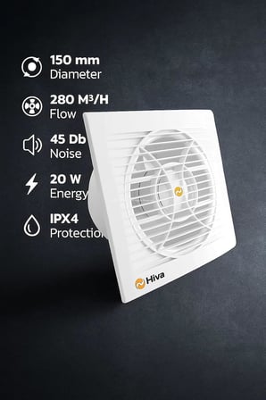Hiva Banyo ve Tuvalet Aspiratörü, 280 M³/H Debi, 45 Db Sessiz, 20 W Enerji, IPX4 Su Sıçrama Korumalı, 230 V, 50 Hz, Duvar Tavan Uyumlu, Dekoratif, Beyaz Havalandırma Fanı (150 mm)