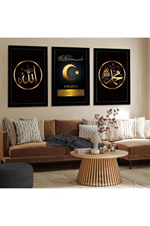 Gold Pleksi Kenar Üçlü Mdf Tablo Seti Saat Seti
