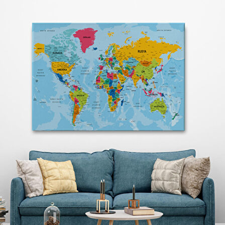 Harita Sepeti Dünya Haritası Türkçe Kanvas Tablo Ayrıntılı Dekoratif-Okyanuslu 2170