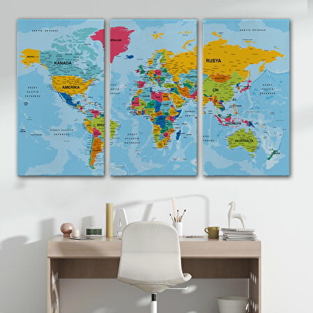 Harita Sepeti Dünya Haritası Türkçe Kanvas Tablo Ayrıntılı Dekoratif-Okyanuslu 2170