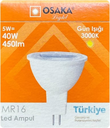 Osaka Led Ampul, 5W (40W), Sarı Işık (3000K), MR16 G4 Duylu, 10 Adet