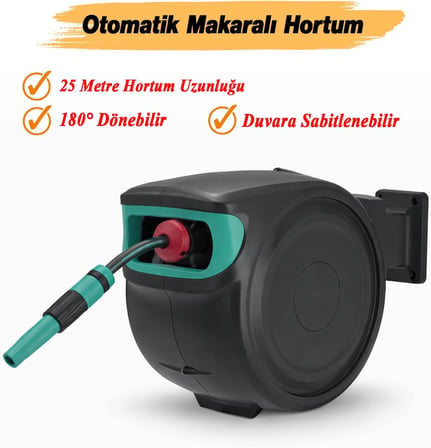 Makaralı 25 Metre Duvara Monteli 180° Döner Hortum Seti Bahçe Su Hortumu 1/2 Sulama Araç Yıkama