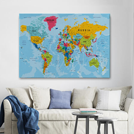 Harita Sepeti Dünya Haritası Kanvas Tablo Çok Ayrıntılı Dekoratif ve Okyanuslu 2171