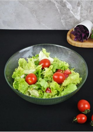 Modern Çizgi Desenli Cam Salata Kasesi Meyve Sunumluk Kase Orta Boy 21 Cm