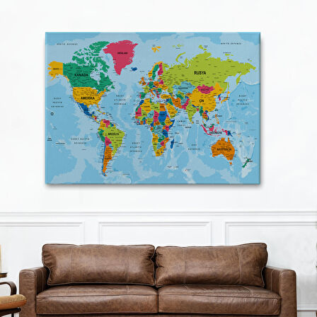 Harita Sepeti Dünya Haritası Türkçe Kanvas Tablo Ayrıntılı Dekoratif-Okyanuslu 2172