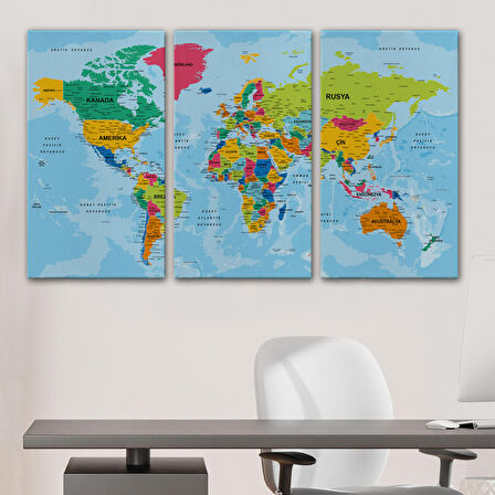 Harita Sepeti Dünya Haritası Türkçe Kanvas Tablo Ayrıntılı Dekoratif-Okyanuslu 2172