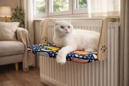 Gobypet Kalorifer Petek Radyatör Yatağı, Askılı Kedi Yatağı, Ahşap Taşıyıcılı Kedi Hamağı, Yumuşak Minderli Konforlu Kedi Desenli Tasarım