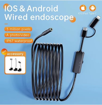 5 Metre Endoskop Yılan Video Kamera Ios ve android Uyumlu Led'li 8 mm Sert Kablo 2mp
