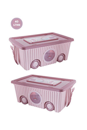 Flora Trendy Tekerlekli Oyuncak Kutusu 40 Litre Pembe İkili Set