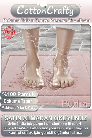 %100 Pamuk Dokuma Su Emici Banyo Paspası Ayak Desen 60x40 Cm (PUDRA)