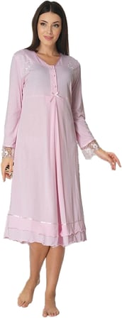 Kadın Pembe Dantelli Hamile Lohusa Gecelik, 2XL, EF2423EFRT-19804IGP269012