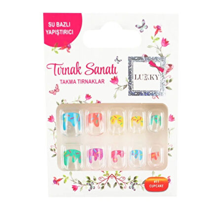 Lukky Kedi Baskılı Yapışkanlı Takma Tırnak Seti