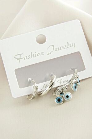 3 Adet Nazar Zirkon Taşlı Küpe