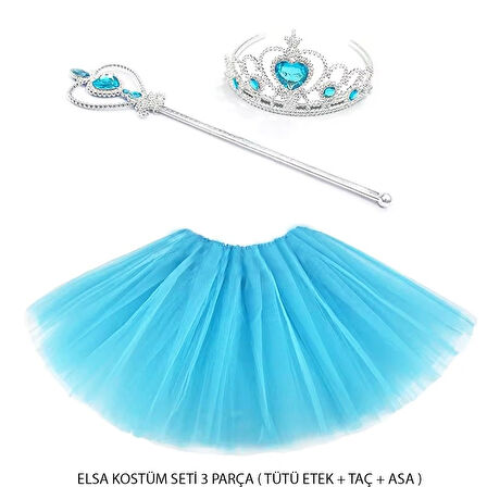 BUĞZ Mavi Prenses Elsa Kostüm Seti 3 Parça (Tütü Etek + Taç + Asa )