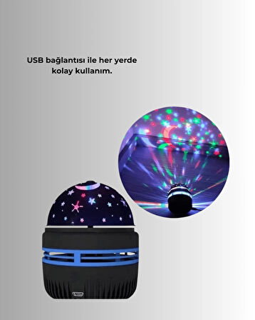BUĞZ Döner Galaxy Projektör Gece Lambası – Ay ve Yıldız Işıklı Atmosfer Lamba, USB Bağlantılı