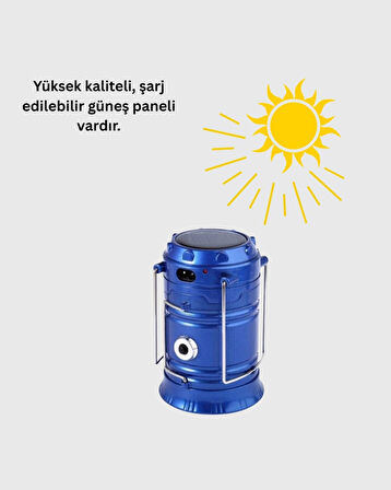 BUĞZ Şarj Edilebilir Güneş Enerjili Kızaklı Kamp Feneri – USB Çıkışlı, Katlanabilir, Dayanıklı ve Çok Fonksiyonlu