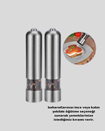 BUĞZ Modern Otomatik Baharat Öğütücü Seti – Pilli, Paslanmaz Çelik, LED Aydınlatmalı