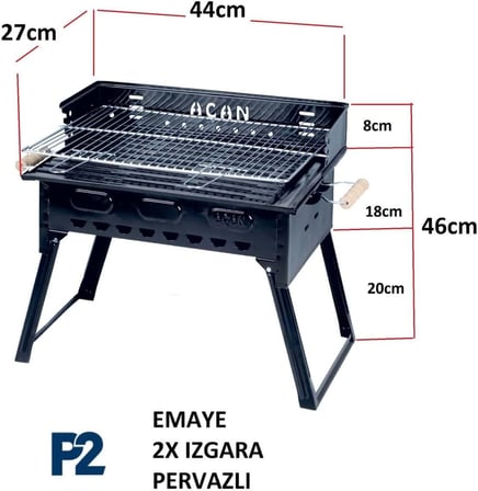 Pervazlı Emaye Mangal P2 Büyük Boy Kömürlü Barbekü Çift Izgara Katlanır Ayaklı 27x44cm