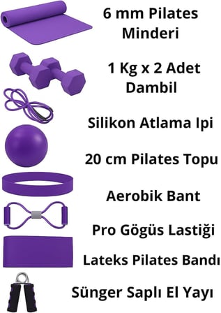 9 Parçalı Pilates Ve Fitness Seti Pilates Minderi, Dambıl, Squat Band Ve Daha Fazlası!, Tek Ebat, KHY-0003LM, Mor