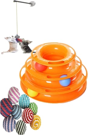 3'lü Set Kedi Oyuncağı: 3 Katlı Oyuncak, Vantuzlu Kedi Oyun Oltası ve İp Sarma Top