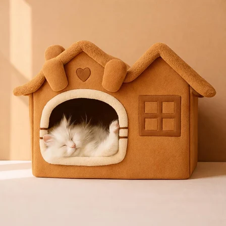 Villa Kedi Evi Peluş Kapalı Kedi Yatağı Minderli Katlanır (Camel)