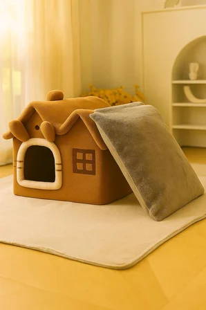 Villa Kedi Evi Peluş Kapalı Kedi Yatağı Minderli Katlanır (Camel)