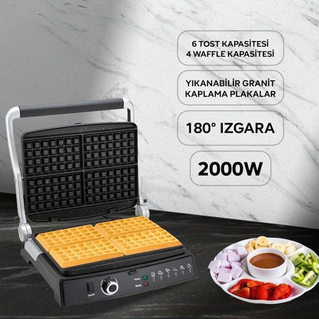 KWM1462 Waffle Master Izgara, Tost ve Waffle Makinesi | 2000W Güç | Granit Kaplama Plakalar | 6 Tost &amp; 4 Waffle Kapasitesi | 180° Açılabilen Izgara