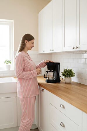 Kadın Büyük Beden Viskon Önden Düğmeli Gömlek Yaka Göğüs Cepli Uzun Kol Mevsimlik Pijama Takımı