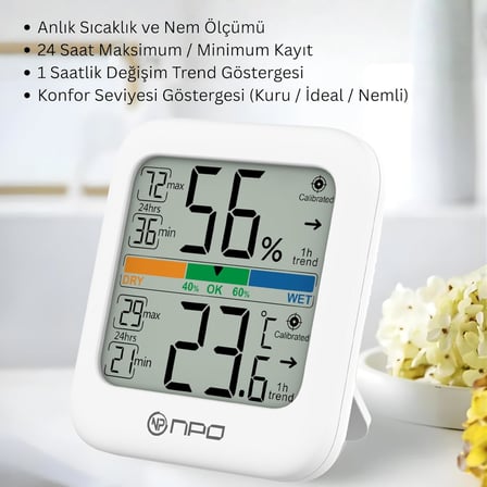 NPT33A Dijital İç Mekan Termometresi ve Nem Ölçer, Geniş Ekranlı, Konfor Göstergeli (Beyaz)