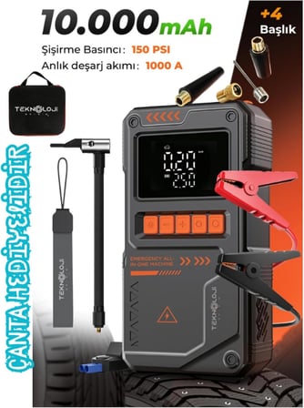 Şarjlı Akü Takviye Cihazı Pompa Powerbank El Feneri Oto Kompresör 10000mAh Anahtarlık-Çanta HEDİYE