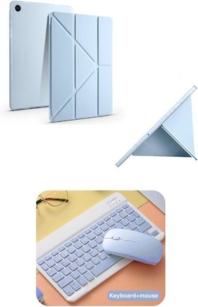 Galaxy A11+ Plus Uyumlu Standlı Tablet Kılıfı + Kablosuz Klavye Mouse Set (Mavi)
