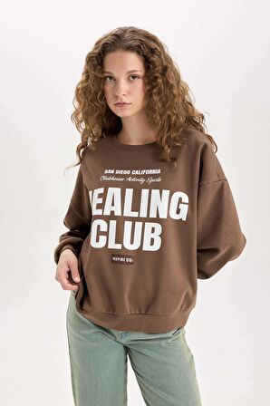 DeFacto Loose Fit Bisiklet Yaka Baskılı Kalın Sweatshirt D8528AX24WNBN322