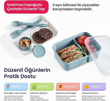 3 Bölmeli Beslenme Kabı 920 ml Sosluklu Sızdırmaz Kapaklı BPA İçermez Çatal Kaşık Dahil Lunch Box Bölmeli Yemek Kabı (Mavi)