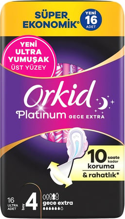 Orkid Platinum Hijyenik Ped Gece Ekstra (Boy 4) Süper Ekonomik Paket 16 Adet Ped