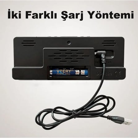 Masa Saati Derece Alarm Takvim Pil(Dahil Değildir)+Şarjlı Led Işıklı Dijital Siyah