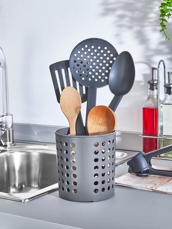 Plastik Silindir Dik Kaşıklık &amp; Tezgah Üstü Düzenleyici &amp; Servis Standı (Siyah)