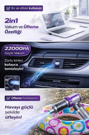 22000Pa Kablosuz Araç İçi Süpürge &amp; Üfleme Cihazı – 2’si 1 Arada Mini El Süpürgesi, Şarjlı, Çok Başlıklı, Güçlü Vakum, Araba &amp; Ev Temizlik HL-161